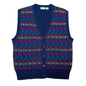 Vintage 90s Cheryl Tiegs Colorful Navy Button Front Sweater Vest Women’s Large